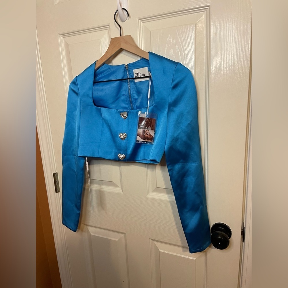 Self Portrait Blue Satin Crop Top Crystal Embellished Jacket Size 2 NWT - Picture 3 of 12